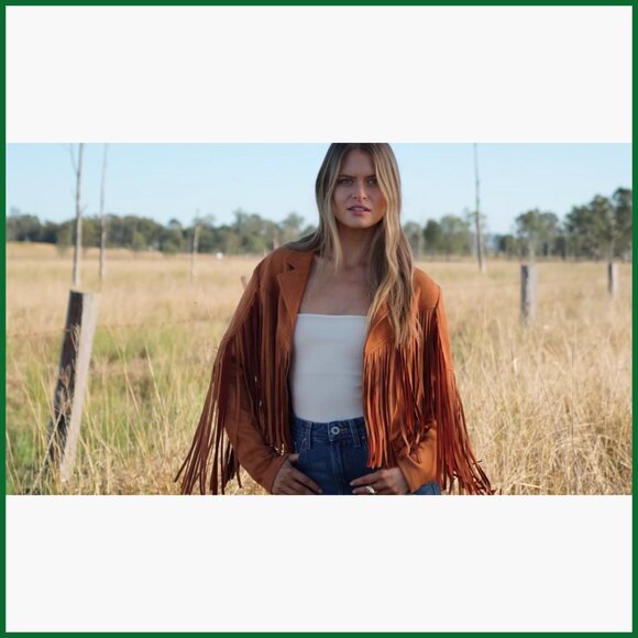 Faux Suede Fringe Motorcycle Jacket Cropped Coat Slim Fit - Picture 7 of 7